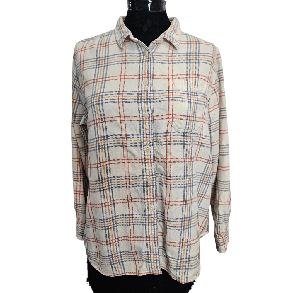 L.L.Bean 100% Organic Cotton Plaid Flannel Shirt Button Up Women's Large Cream